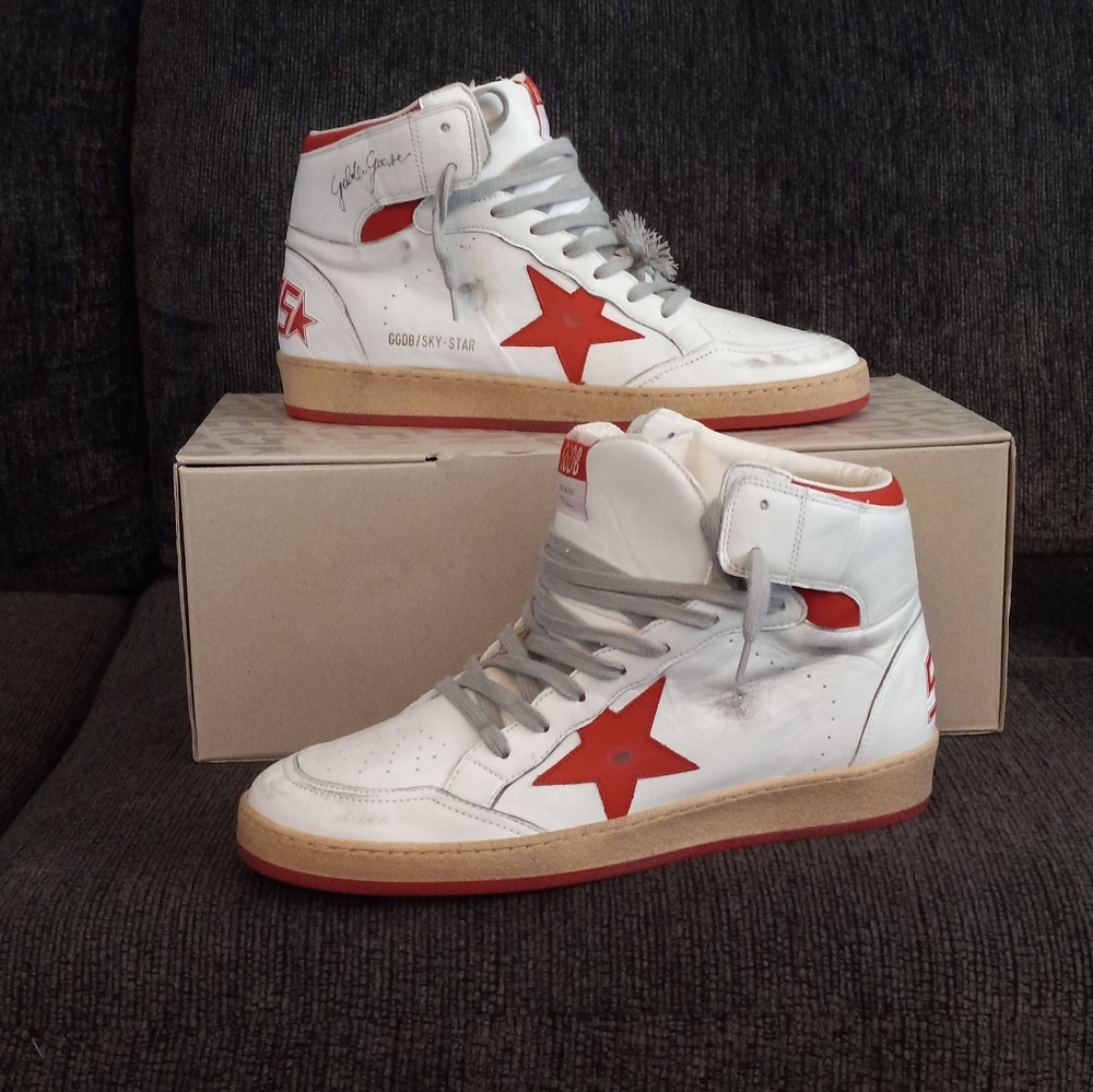 Golden Goose White and Red High-Top Sneakers